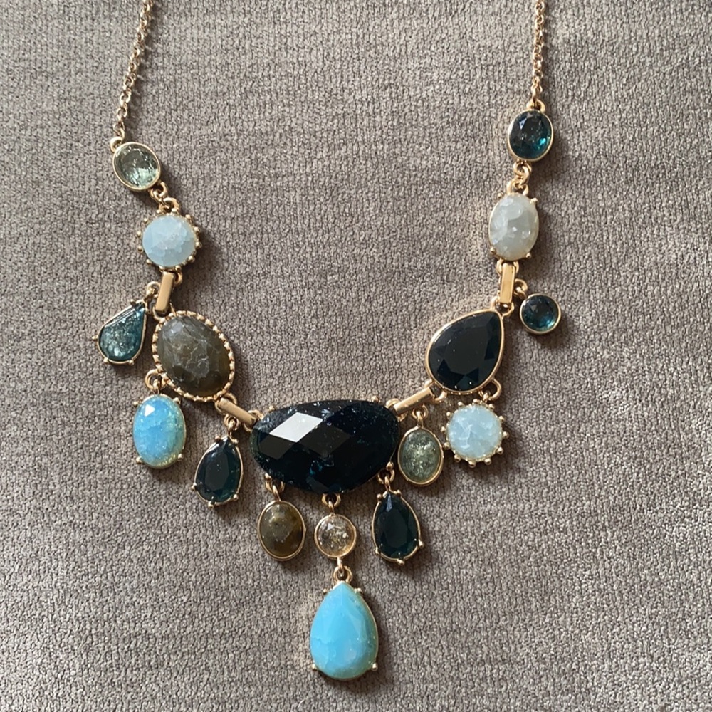 LOFT Gold Tone Blue Statement Necklace | Multicolor Glass Stones | Bib Necklace